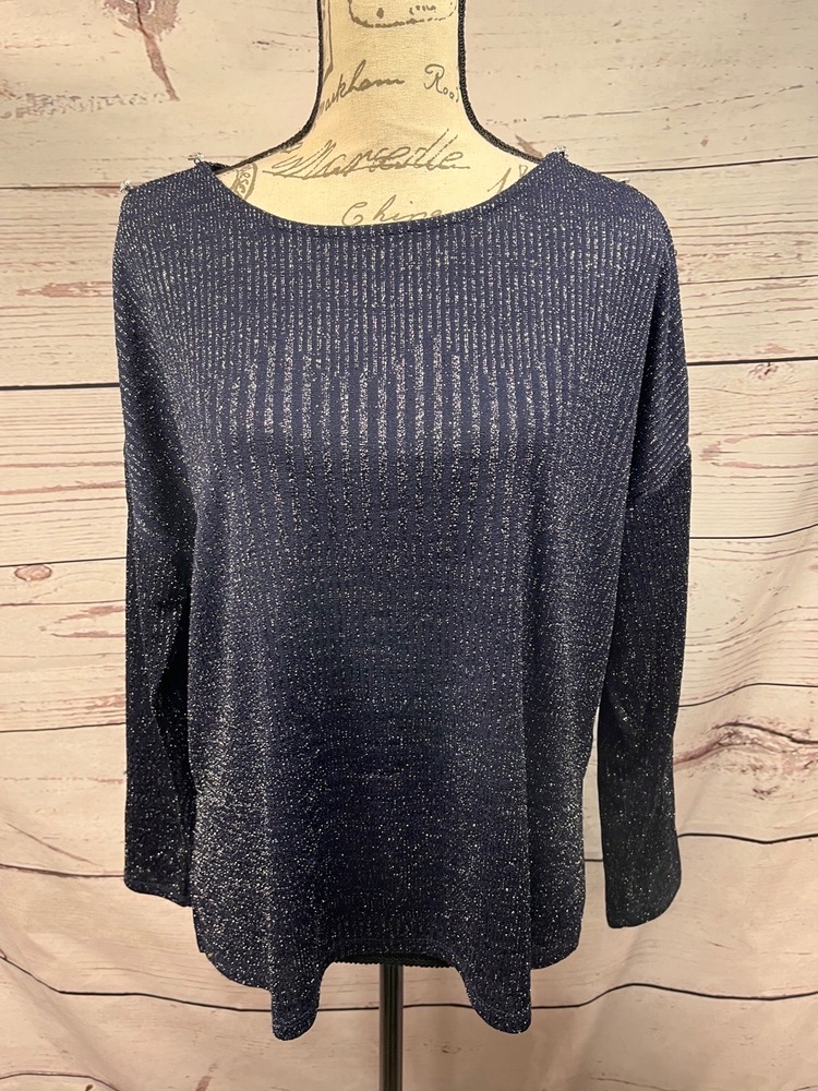 Cable Gauge Sparkly Navy Blue Sweater With Button Sleeves Size Large